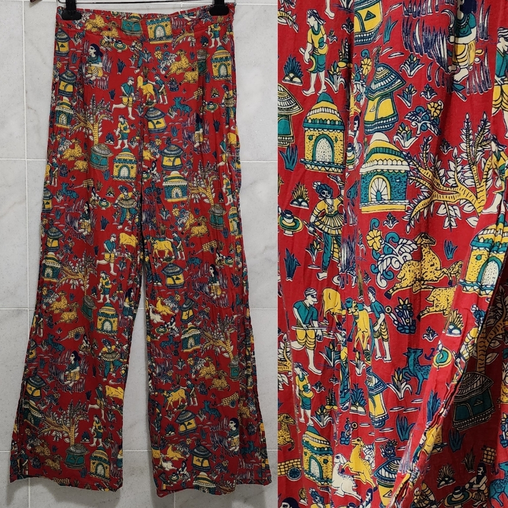 Earthbound High Slit Side Boho Cotton Flowy Agricultura Printed Wide Leg Pants S
